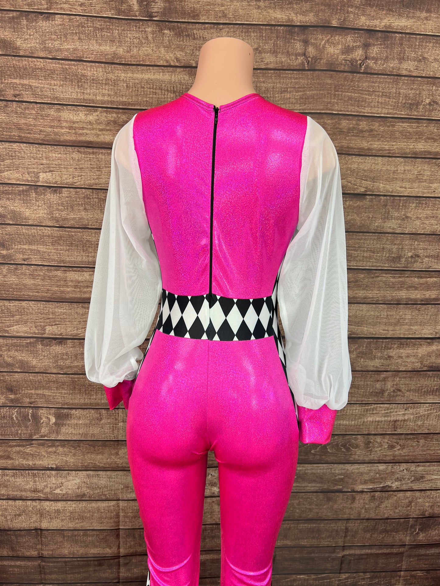 Neon Pink and Diamond Print, Puffed Mesh Sleeve Trick Rider Jumpsuit