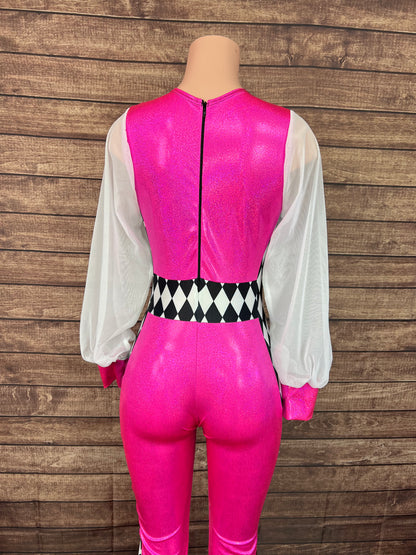Neon Pink and Diamond Print, Puffed Mesh Sleeve Trick Rider Jumpsuit