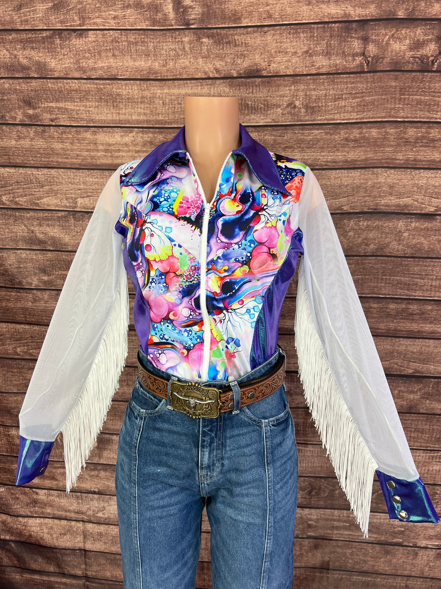 Desert Dreams Mesh Sleeve Zipper Front Rodeo Shirt