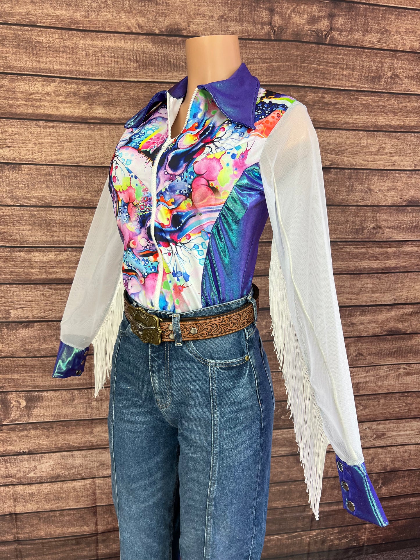 Desert Dreams Mesh Sleeve Zipper Front Rodeo Shirt