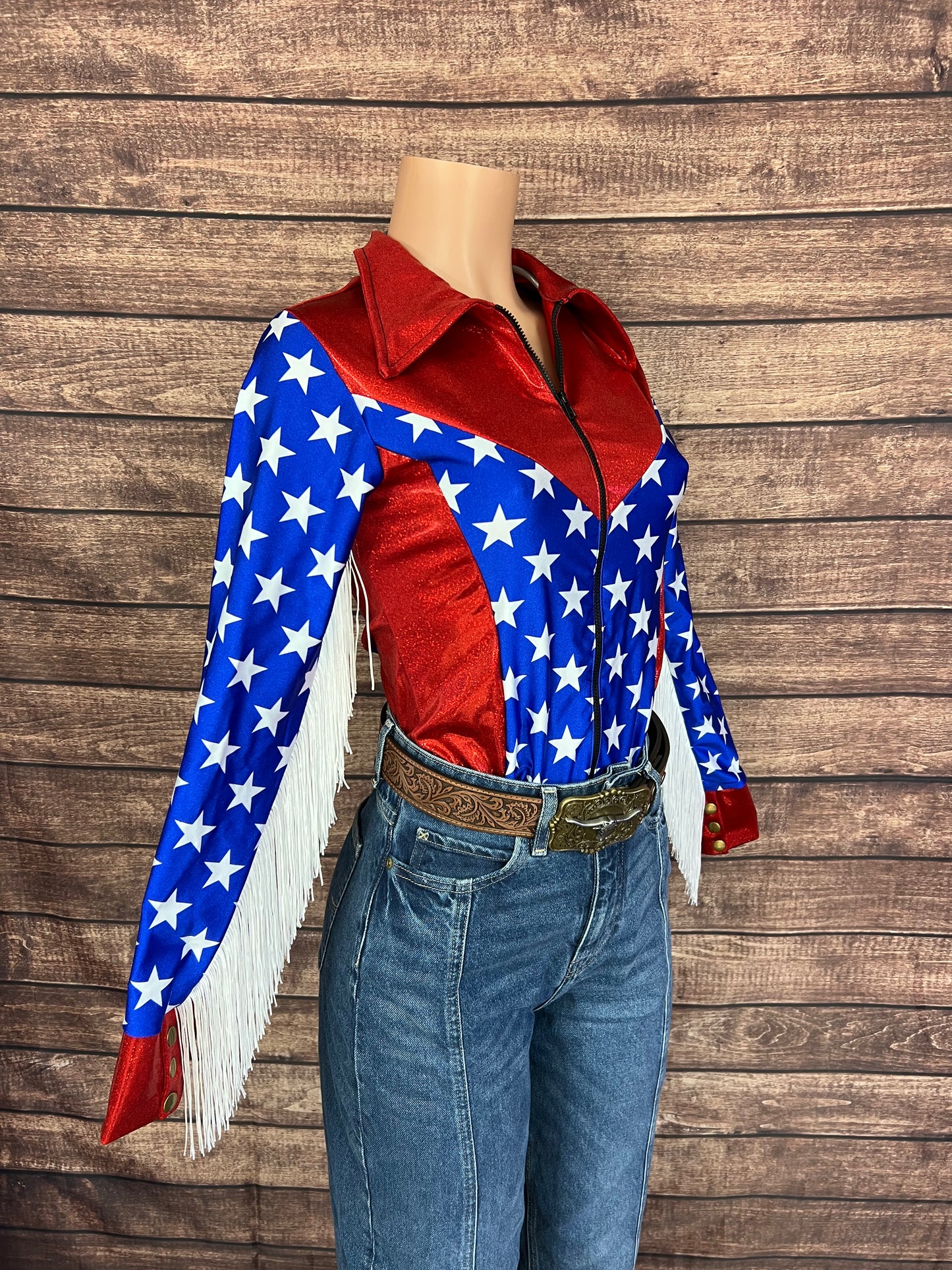 Firecracker Rodeo Shirt with White Fringe