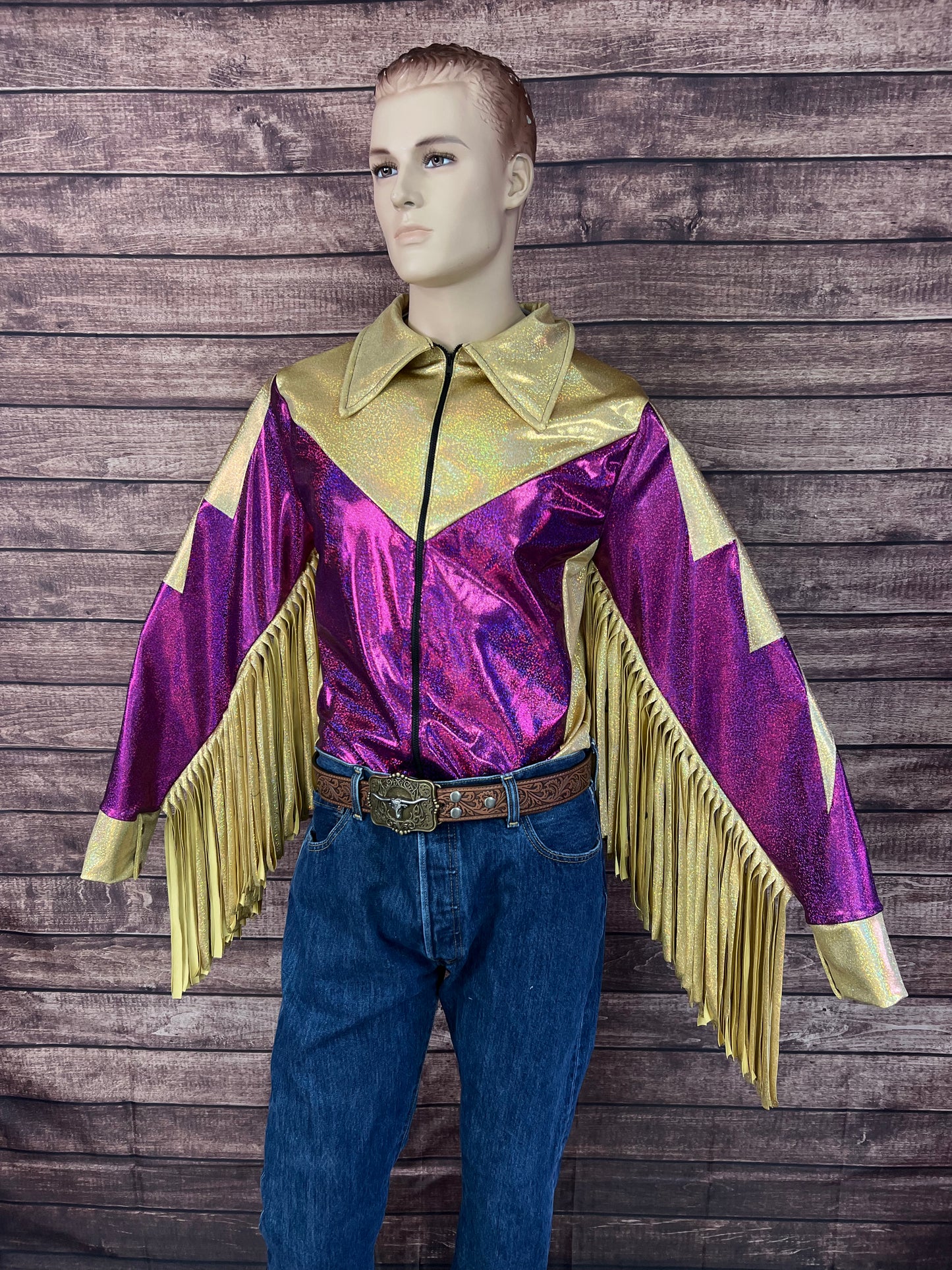 Mens Fuchsia and Gold Bolt, Zipper Front Shirt with Thunderbird Fringe