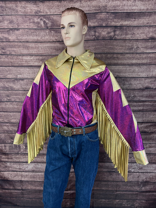 Mens Fuchsia and Gold Bolt, Zipper Front Shirt with Thunderbird Fringe