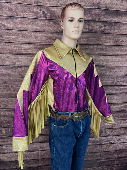 Mens Fuchsia and Gold Bolt, Zipper Front Shirt with Thunderbird Fringe
