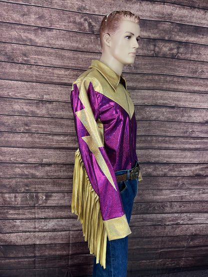 Mens Fuchsia and Gold Bolt, Zipper Front Shirt with Thunderbird Fringe