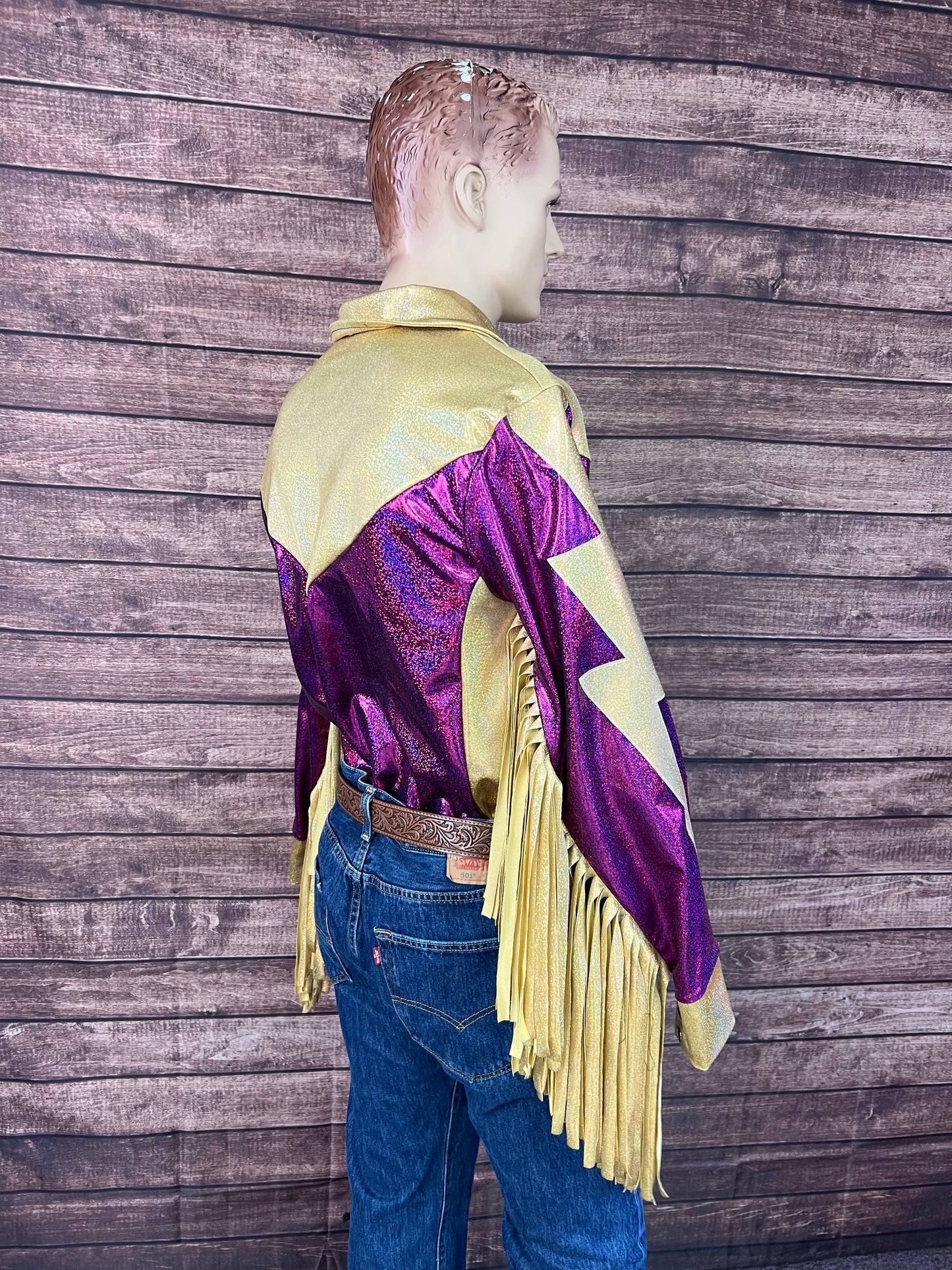 Mens Fuchsia and Gold Bolt, Zipper Front Shirt with Thunderbird Fringe
