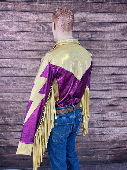 Mens Fuchsia and Gold Bolt, Zipper Front Shirt with Thunderbird Fringe