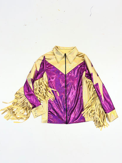 Mens Fuchsia and Gold Bolt, Zipper Front Shirt with Thunderbird Fringe