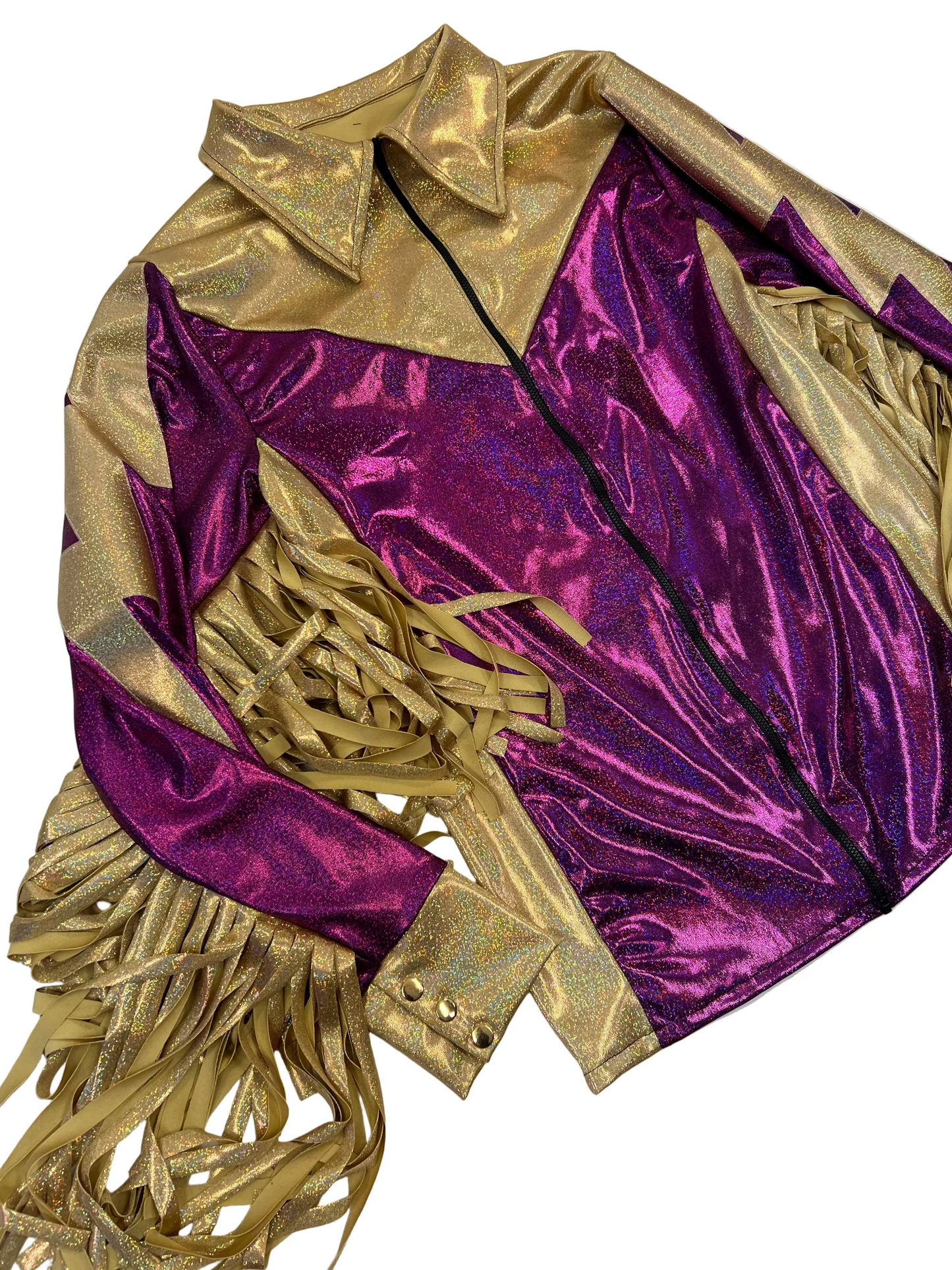 Mens Fuchsia and Gold Bolt, Zipper Front Shirt with Thunderbird Fringe
