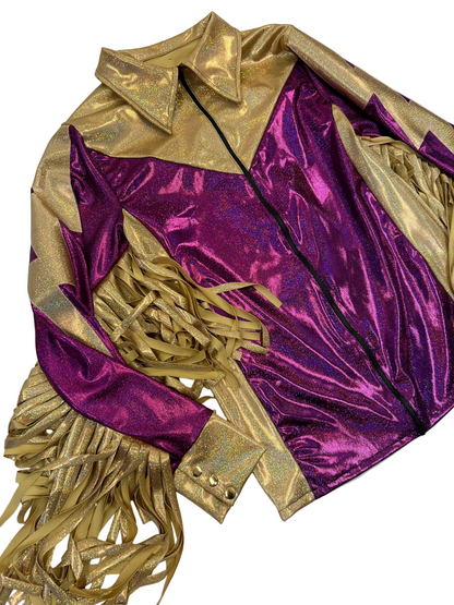Mens Fuchsia and Gold Bolt, Zipper Front Shirt with Thunderbird Fringe