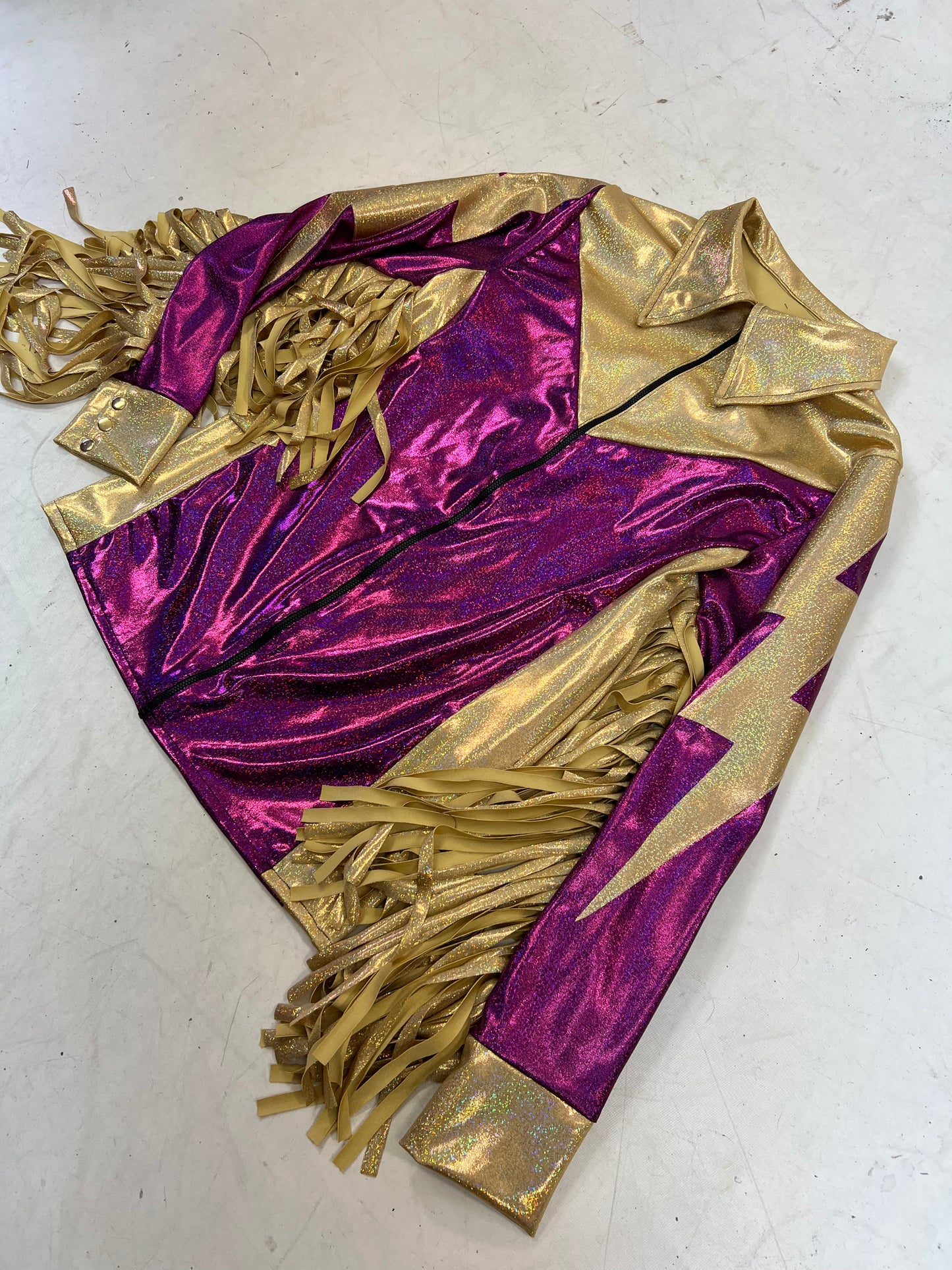 Mens Fuchsia and Gold Bolt, Zipper Front Shirt with Thunderbird Fringe