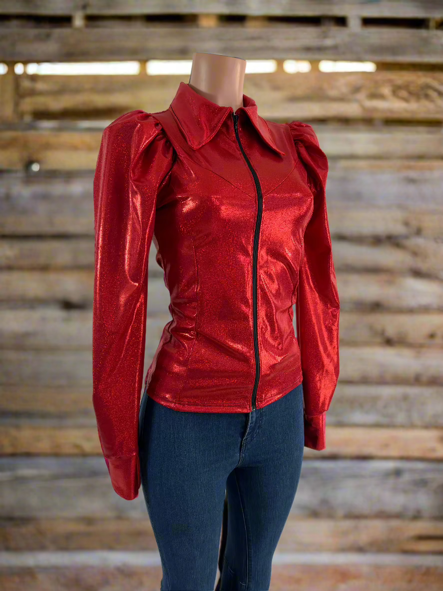 Red Sparkly Rodeo Shirt with Puffed Sleeves Rodeo Shirt Riverside Rodeo Shirts 