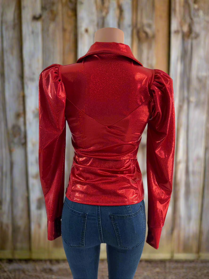 Red Sparkly Rodeo Shirt with Puffed Sleeves Rodeo Shirt Riverside Rodeo Shirts 