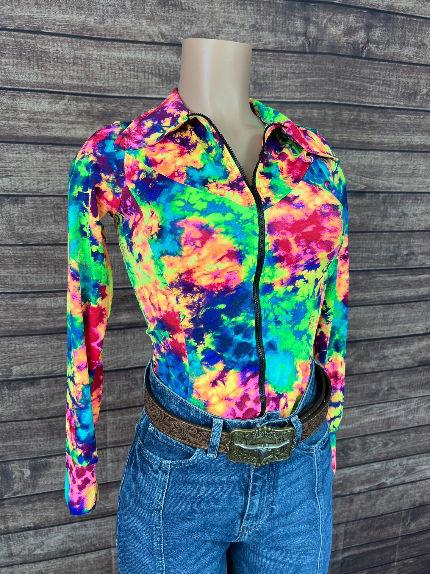 Acid Splash Tie Dye Zipper Front Rodeo Shirt