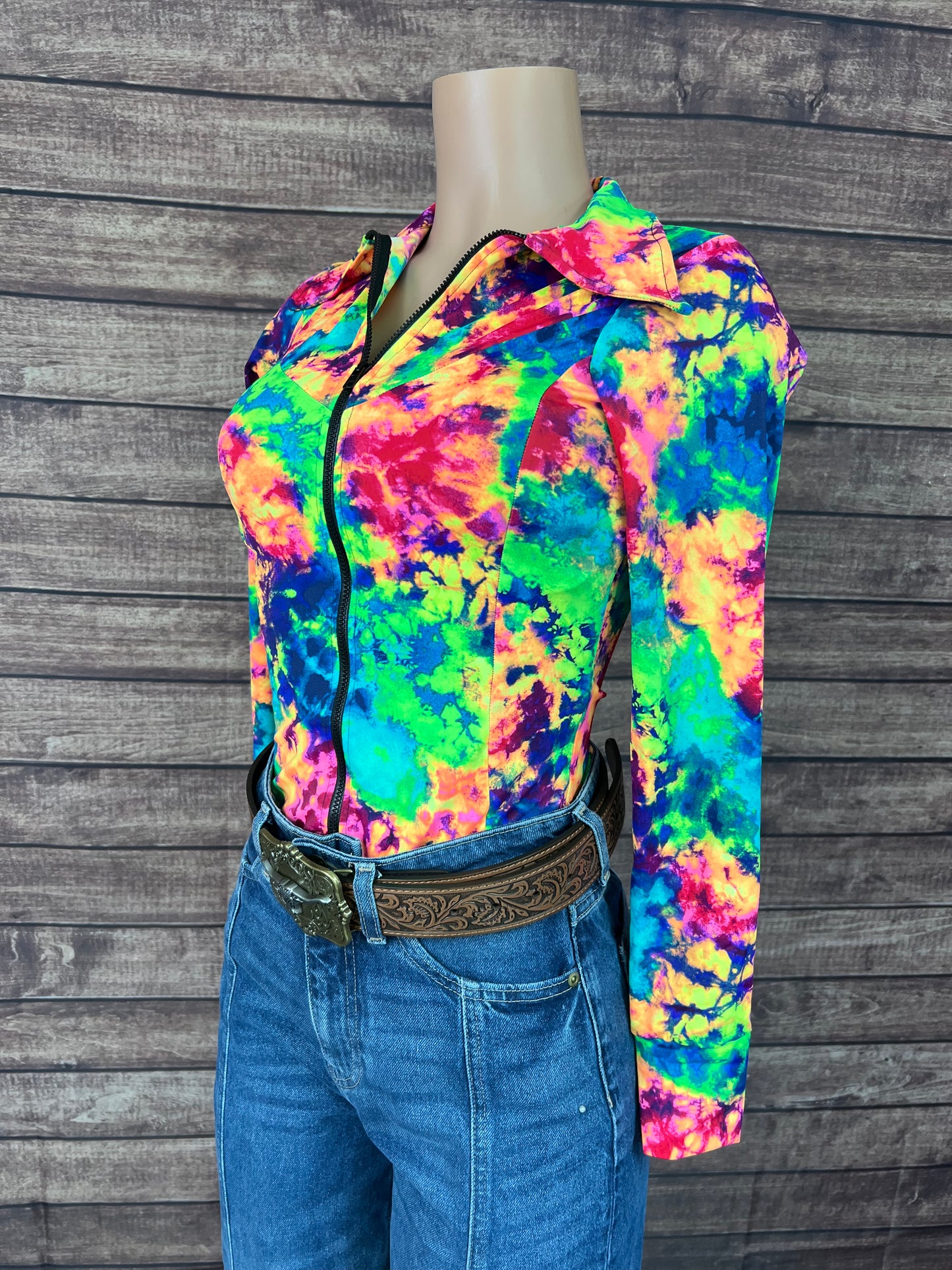 Acid Splash Tie Dye Zipper Front Rodeo Shirt
