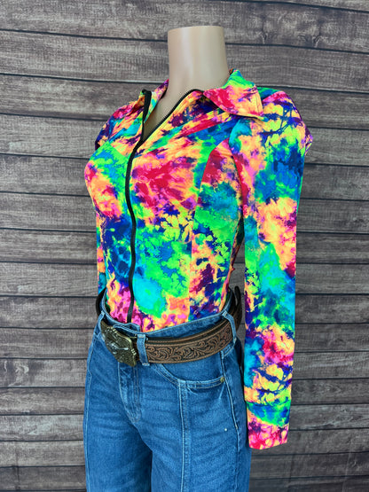 Acid Splash Tie Dye Zipper Front Rodeo Shirt