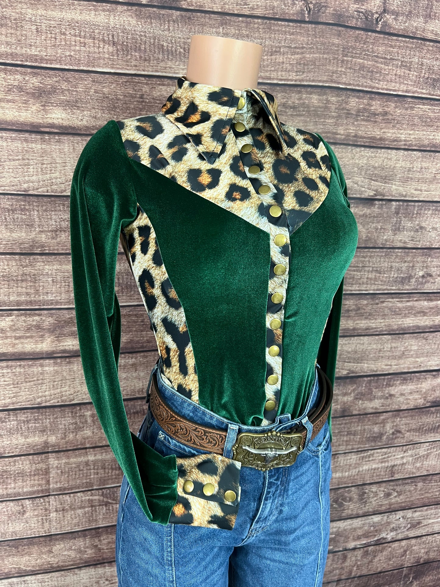 Leopard and Green Velvet Snap Front Rodeo Shirt