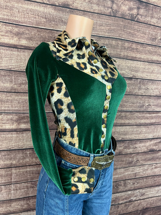 Leopard and Green Velvet Snap Front Rodeo Shirt