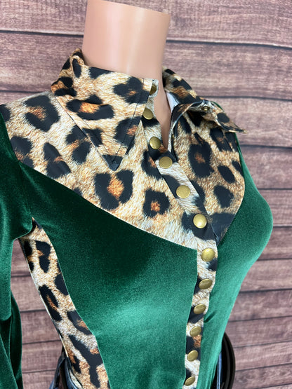 Leopard and Green Velvet Snap Front Rodeo Shirt