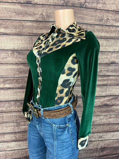 Leopard and Green Velvet Snap Front Rodeo Shirt