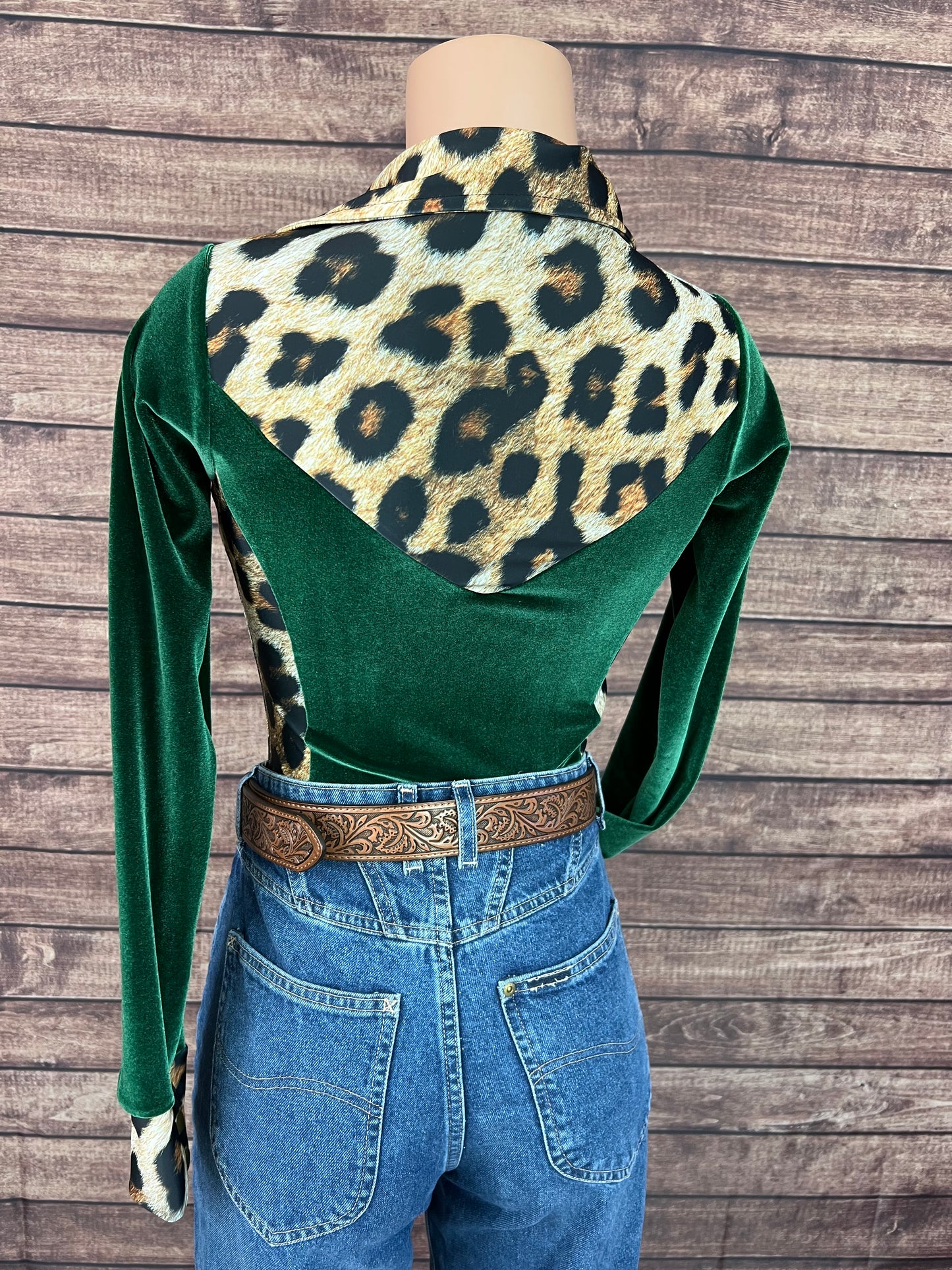 Leopard and Green Velvet Snap Front Rodeo Shirt
