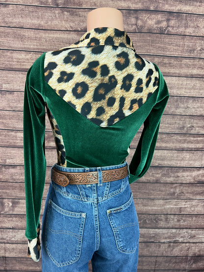 Leopard and Green Velvet Snap Front Rodeo Shirt