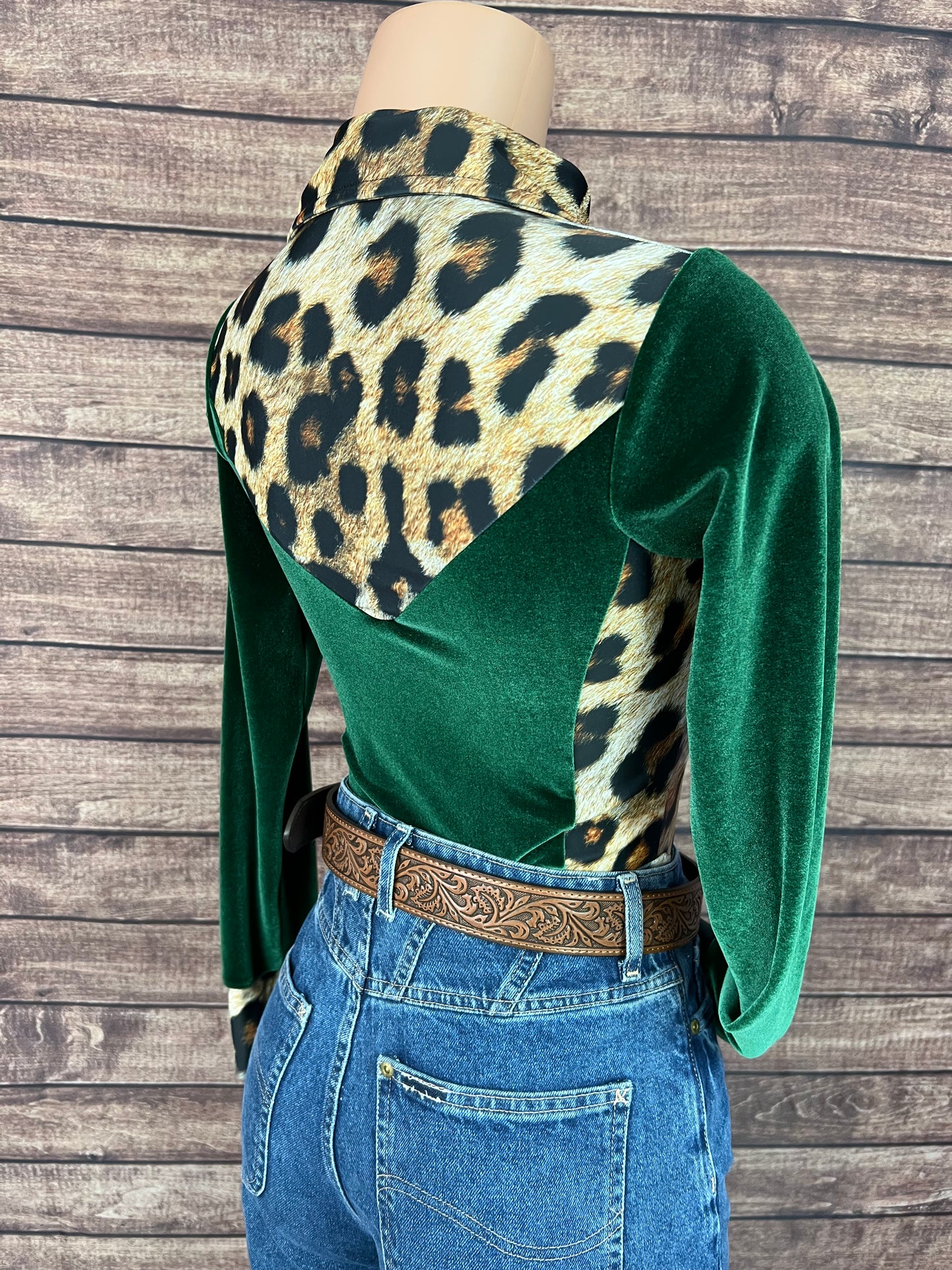 Leopard and Green Velvet Snap Front Rodeo Shirt
