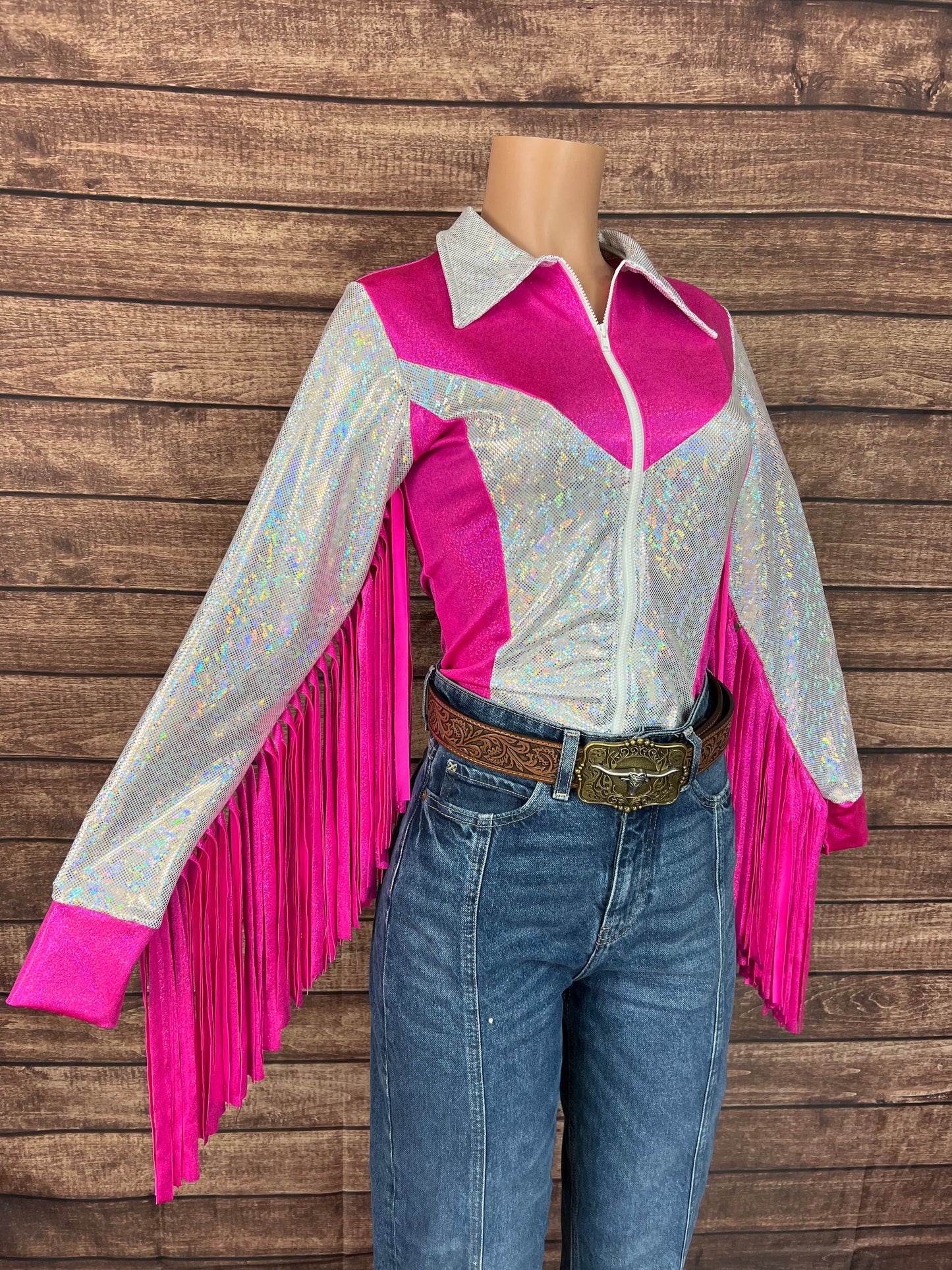 Pink and White Rodeo Shirt with Thunderbird Fringe