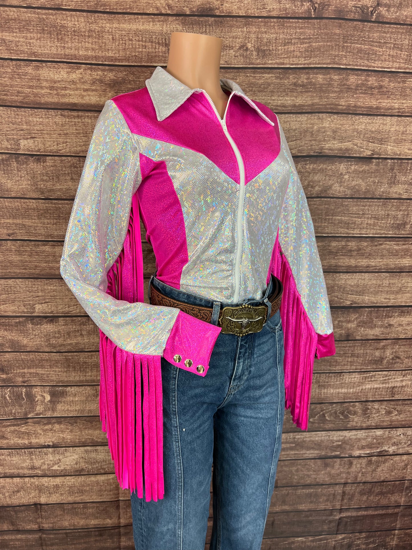 Pink and White Rodeo Shirt with Thunderbird Fringe