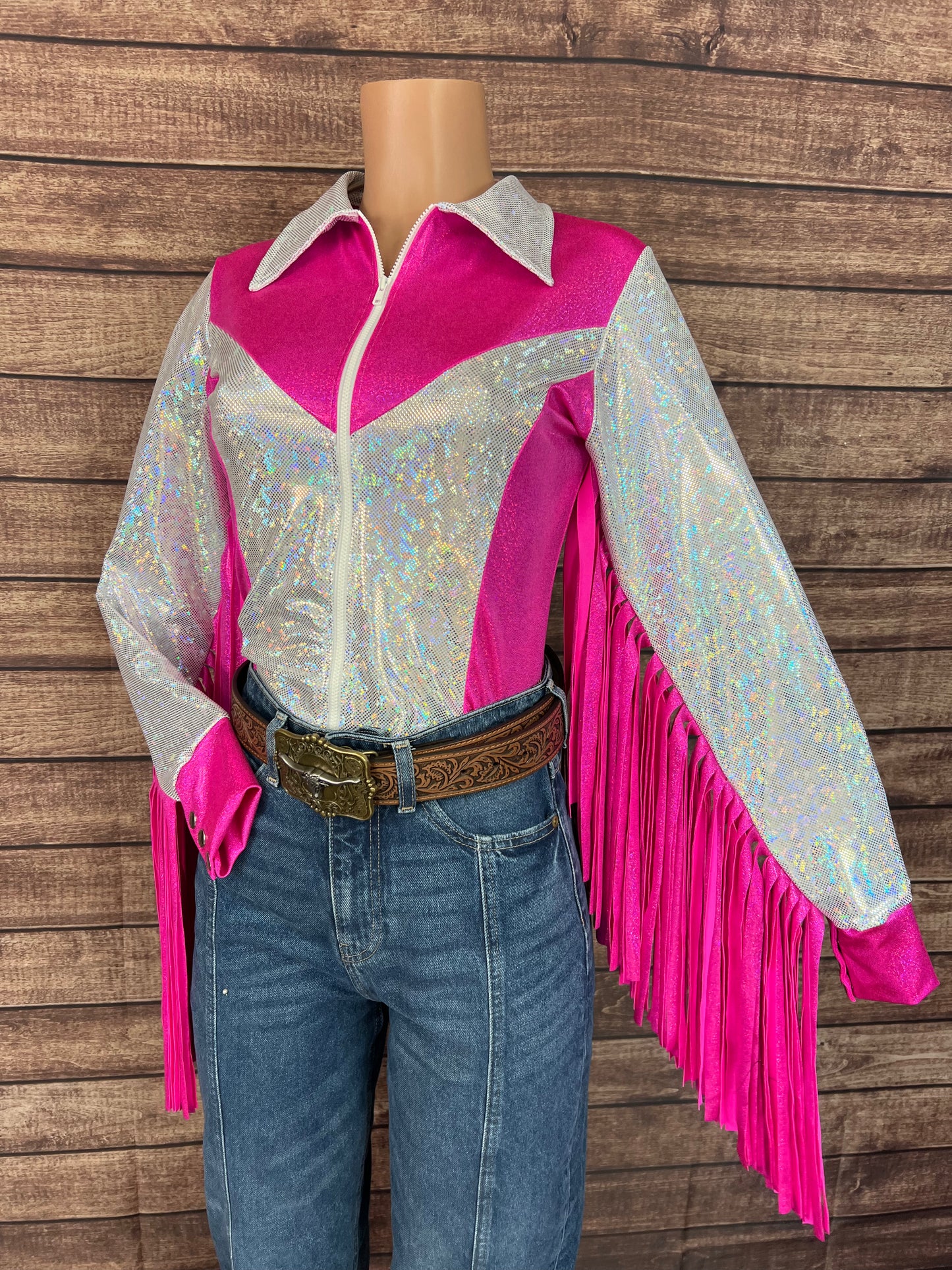 Pink and White Rodeo Shirt with Thunderbird Fringe