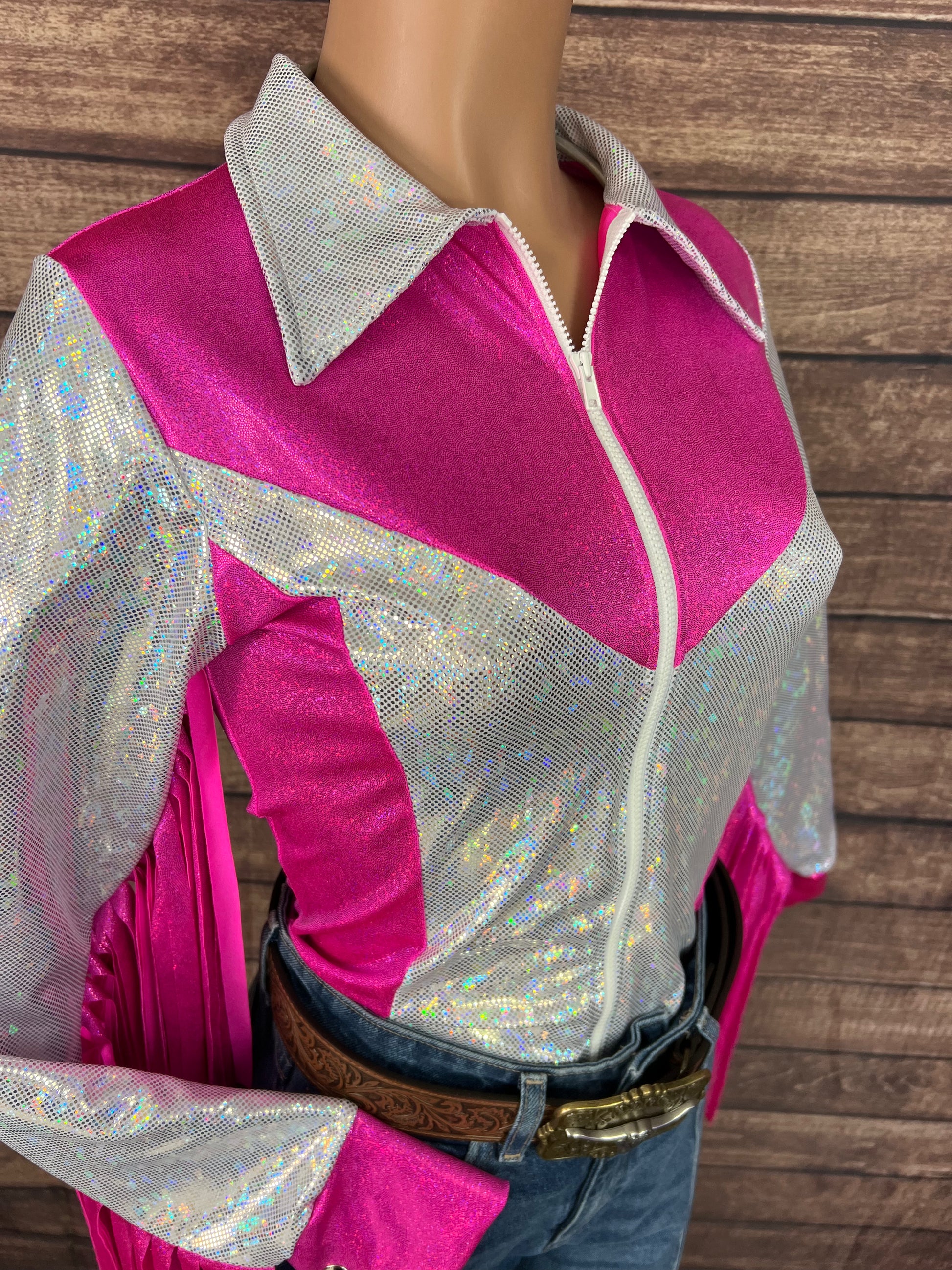 Pink Rodeo Tee Pink and White Rodeo Shirt with Thunderbird Fringe - Riverside Rodeo Shirts