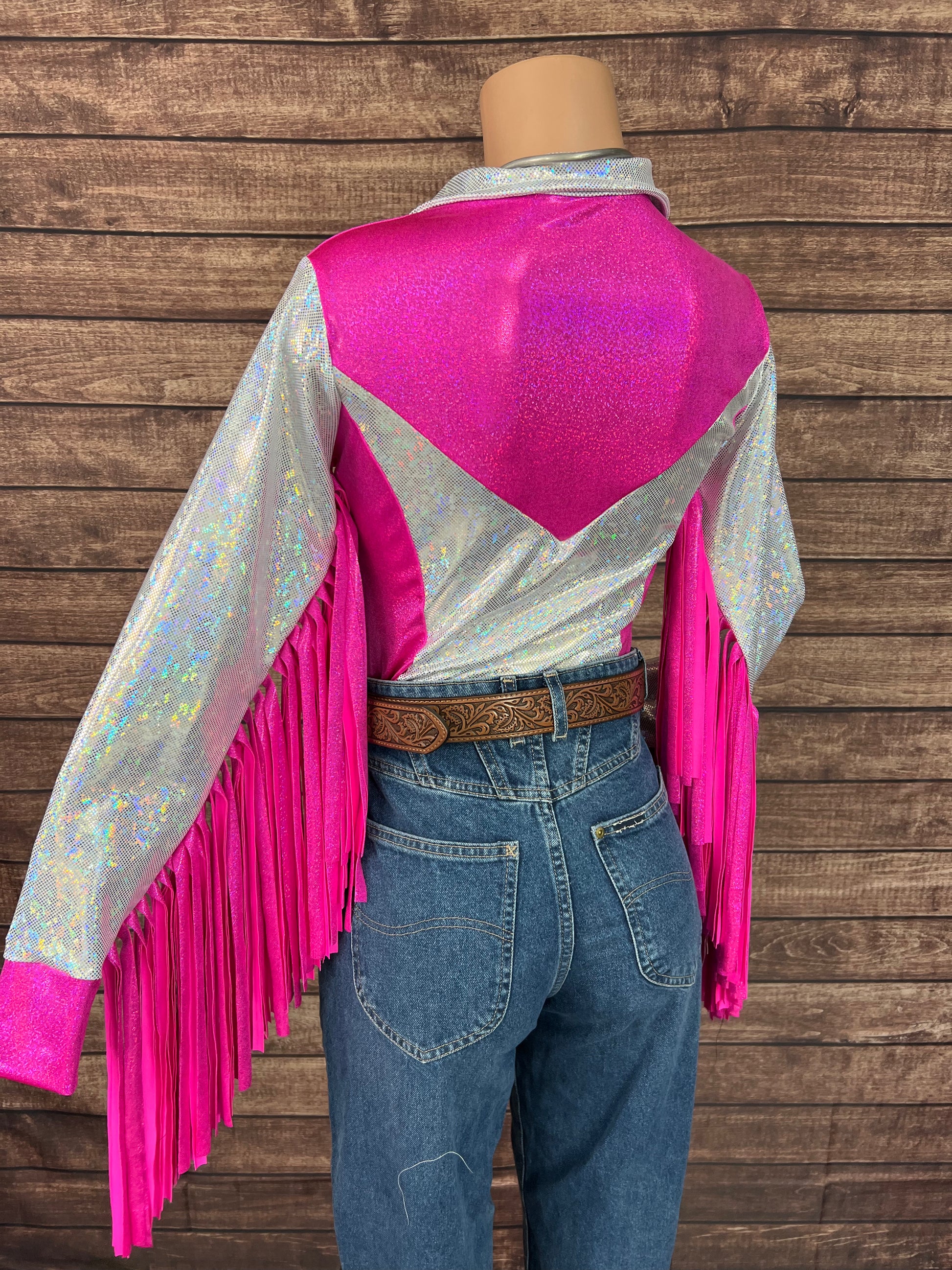 Pink Rodeo Splash Pink and White Rodeo Shirt with Thunderbird Fringe - Riverside Rodeo Shirts