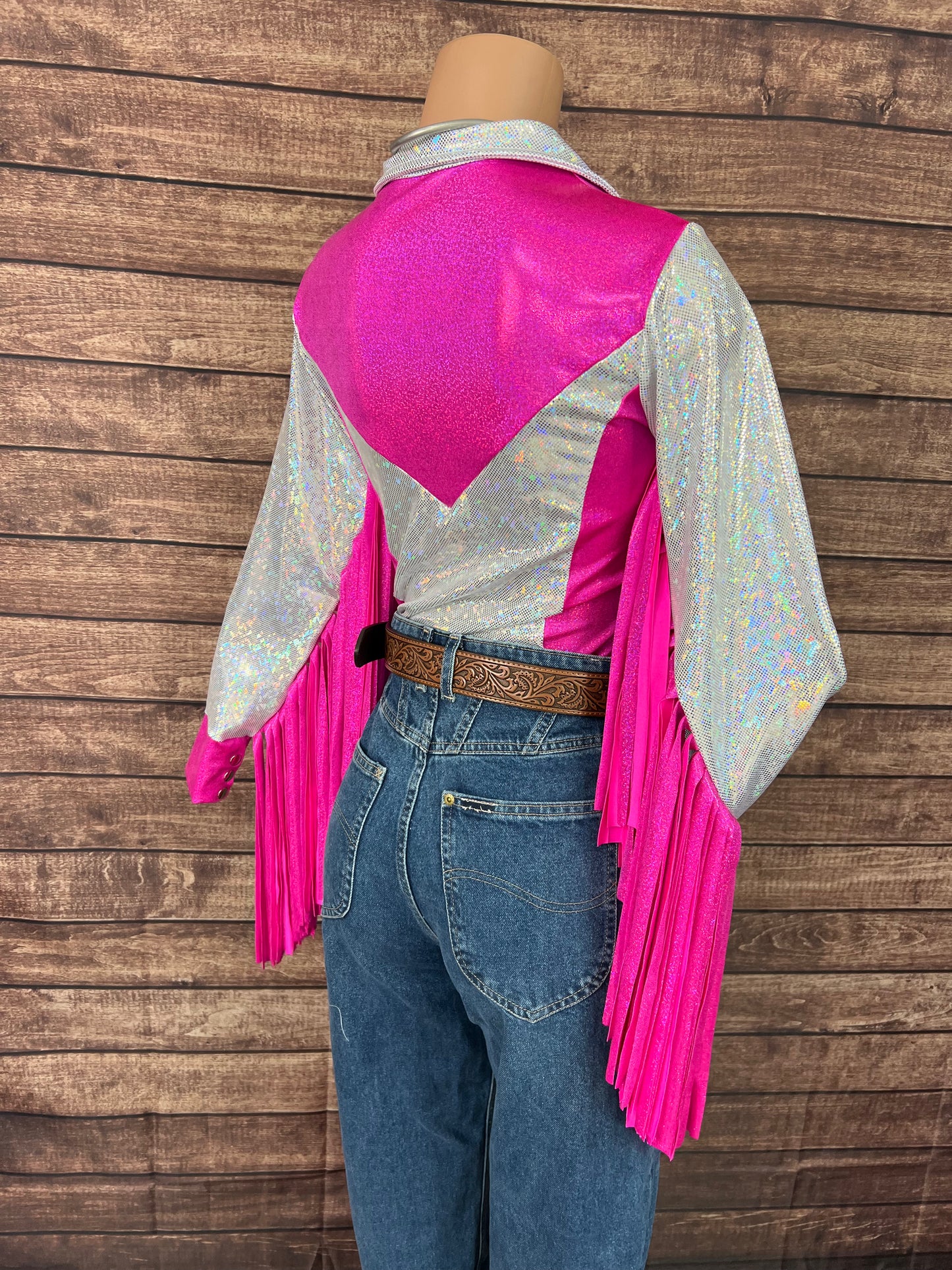 Pink Rodeo Tee Pink and White Rodeo Shirt with Thunderbird Fringe - Riverside Rodeo Shirts