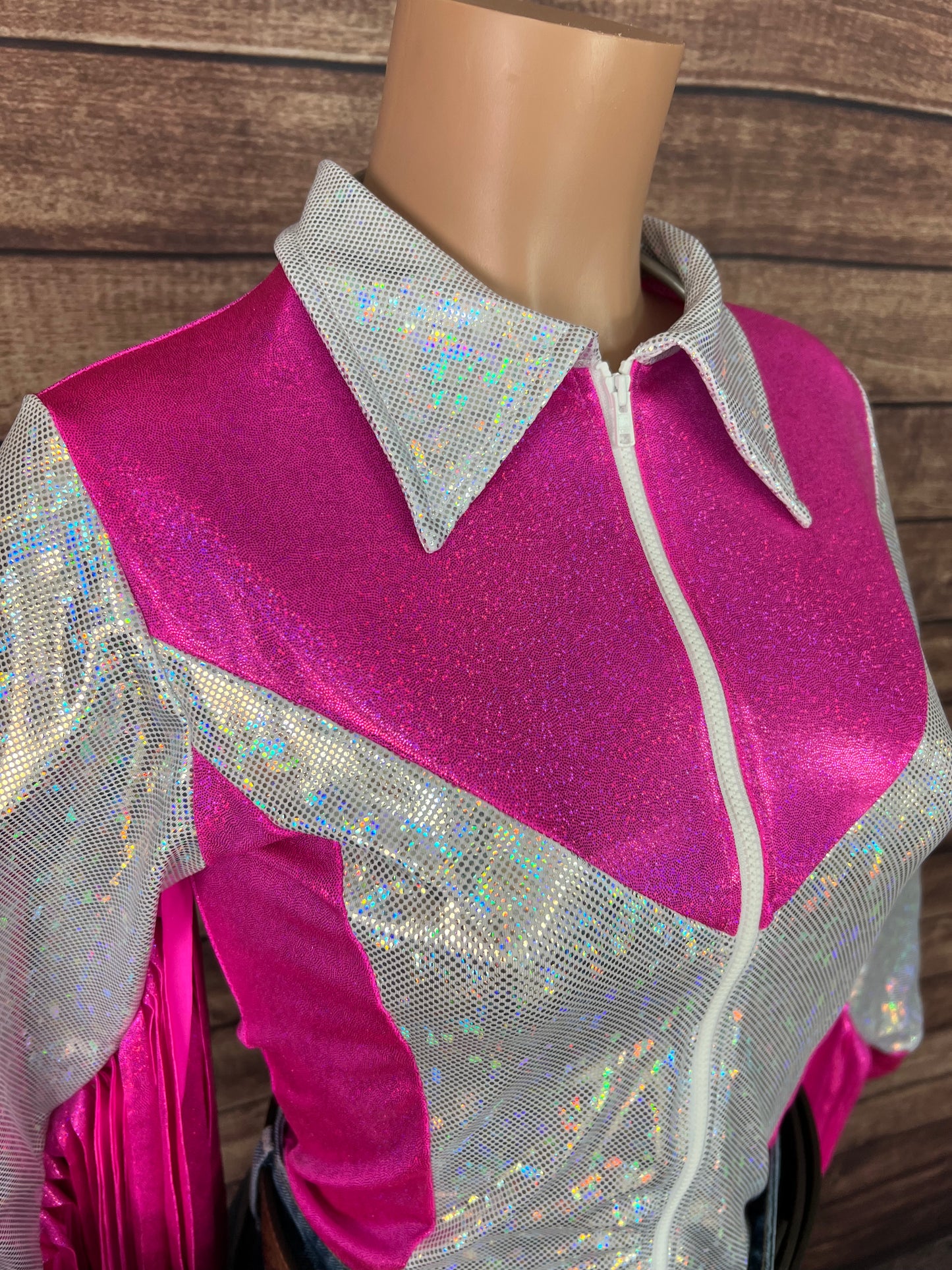 Pink and White Rodeo Shirt with Thunderbird Fringe