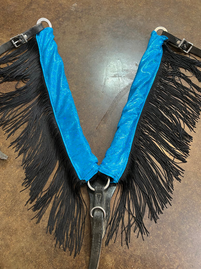 Turquoise Kaleidoscope Breast Collar Cover with Black Chainette Fringe (Covers ONLY)