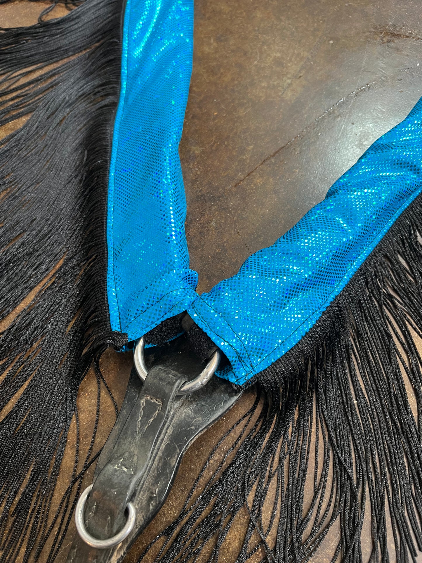 Turquoise Kaleidoscope Breast Collar Cover with Black Chainette Fringe (Covers ONLY)