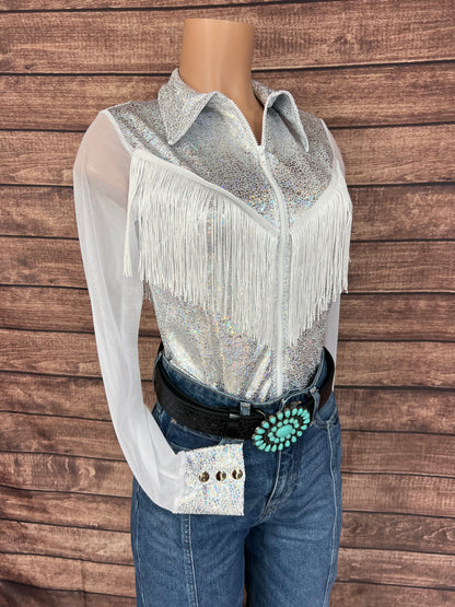 Isabella Zipper Front Rodeo Shirt with Yoke Fringe and Mesh Sleeves