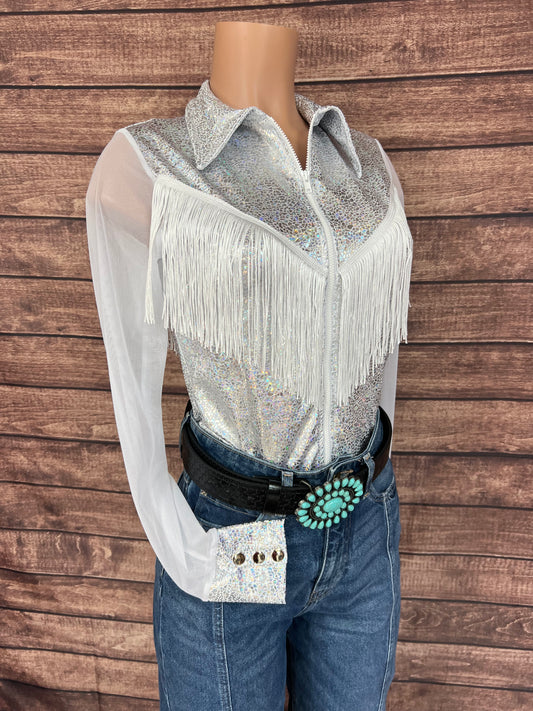 Isabella Zipper Front Rodeo Shirt with Yoke Fringe and Mesh Sleeves