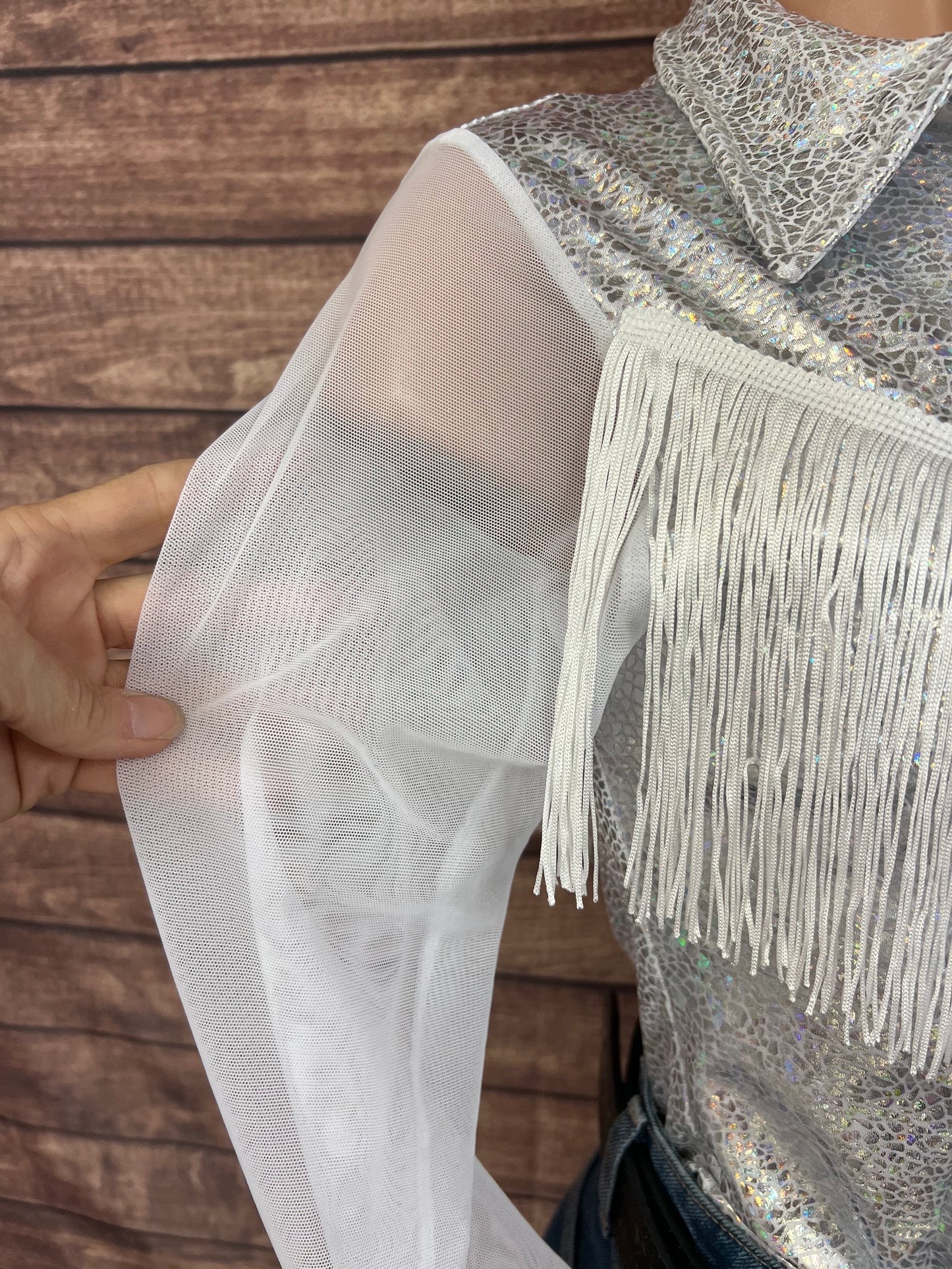 Isabella Zipper Front Rodeo Shirt with Yoke Fringe and Mesh Sleeves