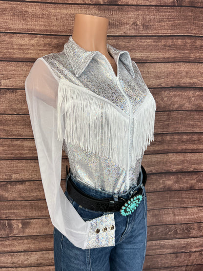 Isabella Zipper Front Rodeo Shirt with Yoke Fringe and Mesh Sleeves
