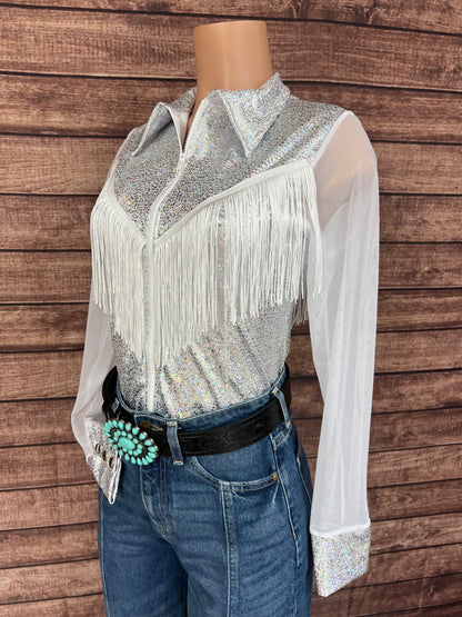 Isabella Zipper Front Rodeo Shirt with Yoke Fringe and Mesh Sleeves