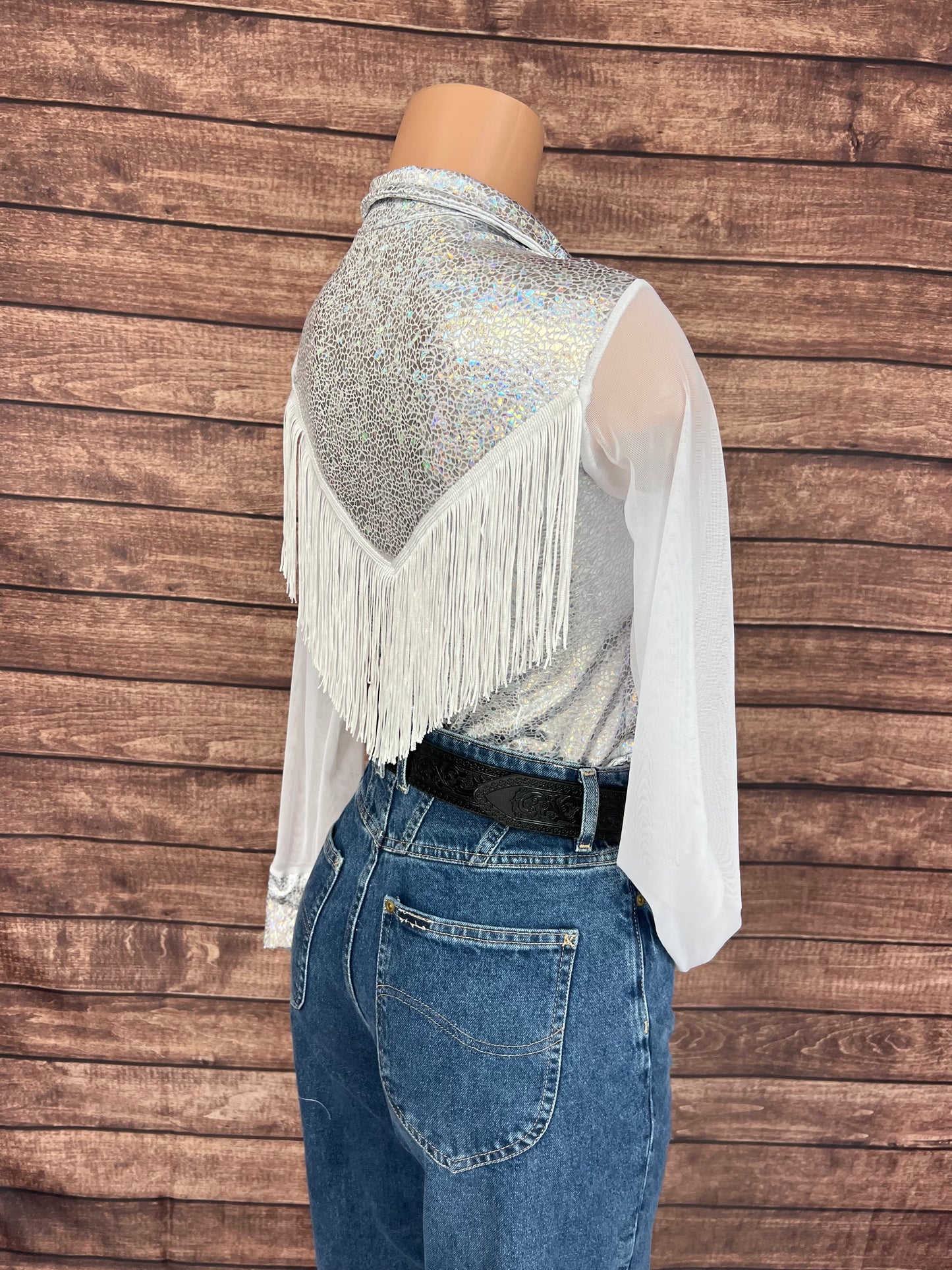 Isabella Zipper Front Rodeo Shirt with Yoke Fringe and Mesh Sleeves