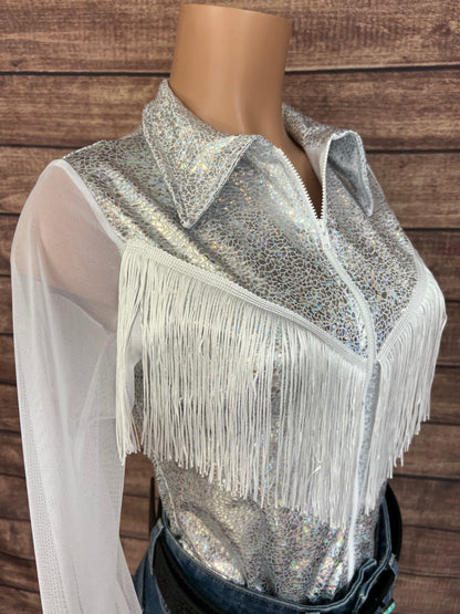 Isabella Zipper Front Rodeo Shirt with Yoke Fringe and Mesh Sleeves