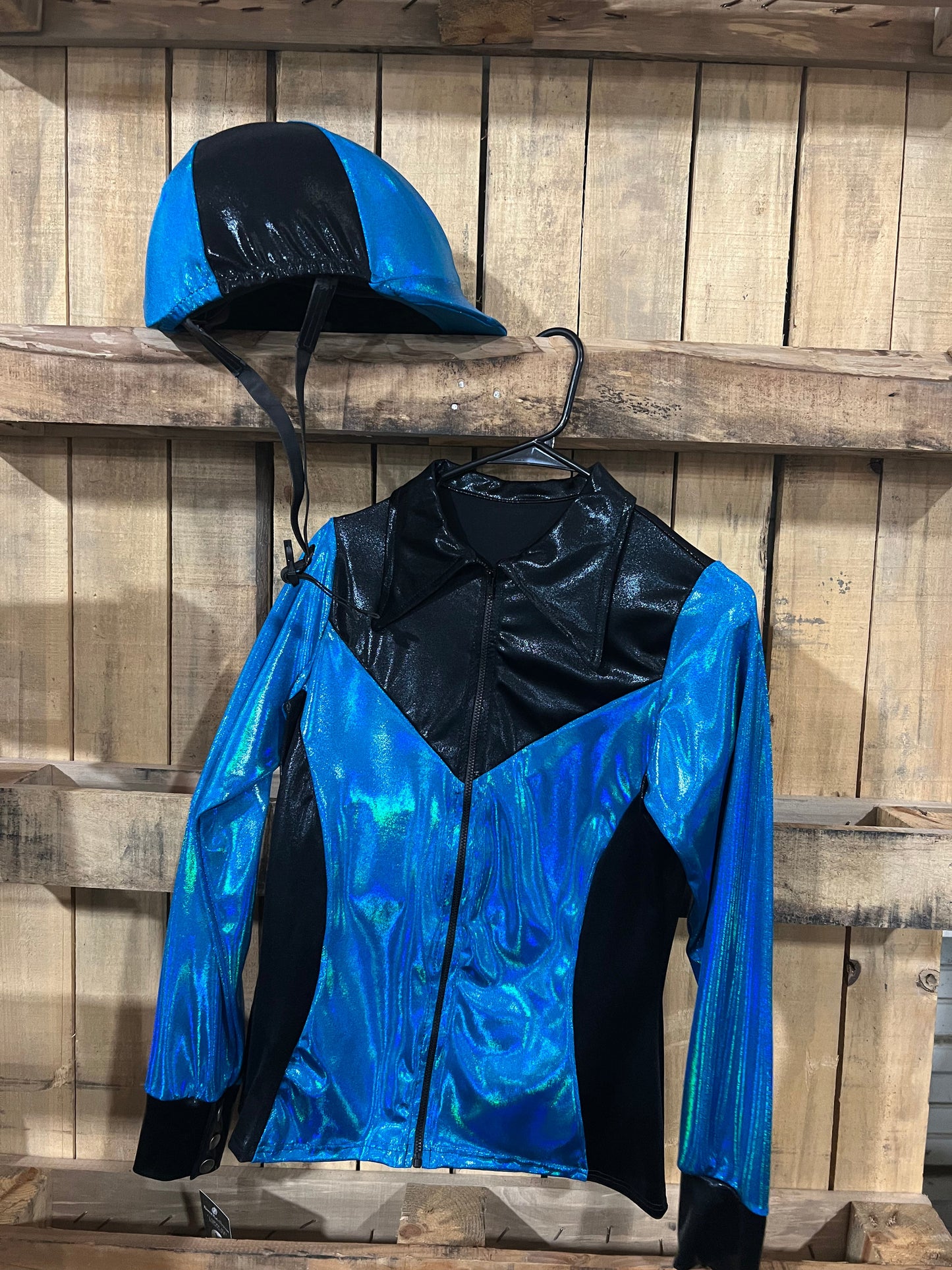 Peacock and Black Helmet Cover Fly Bonnet Riverside Rodeo Shirts 