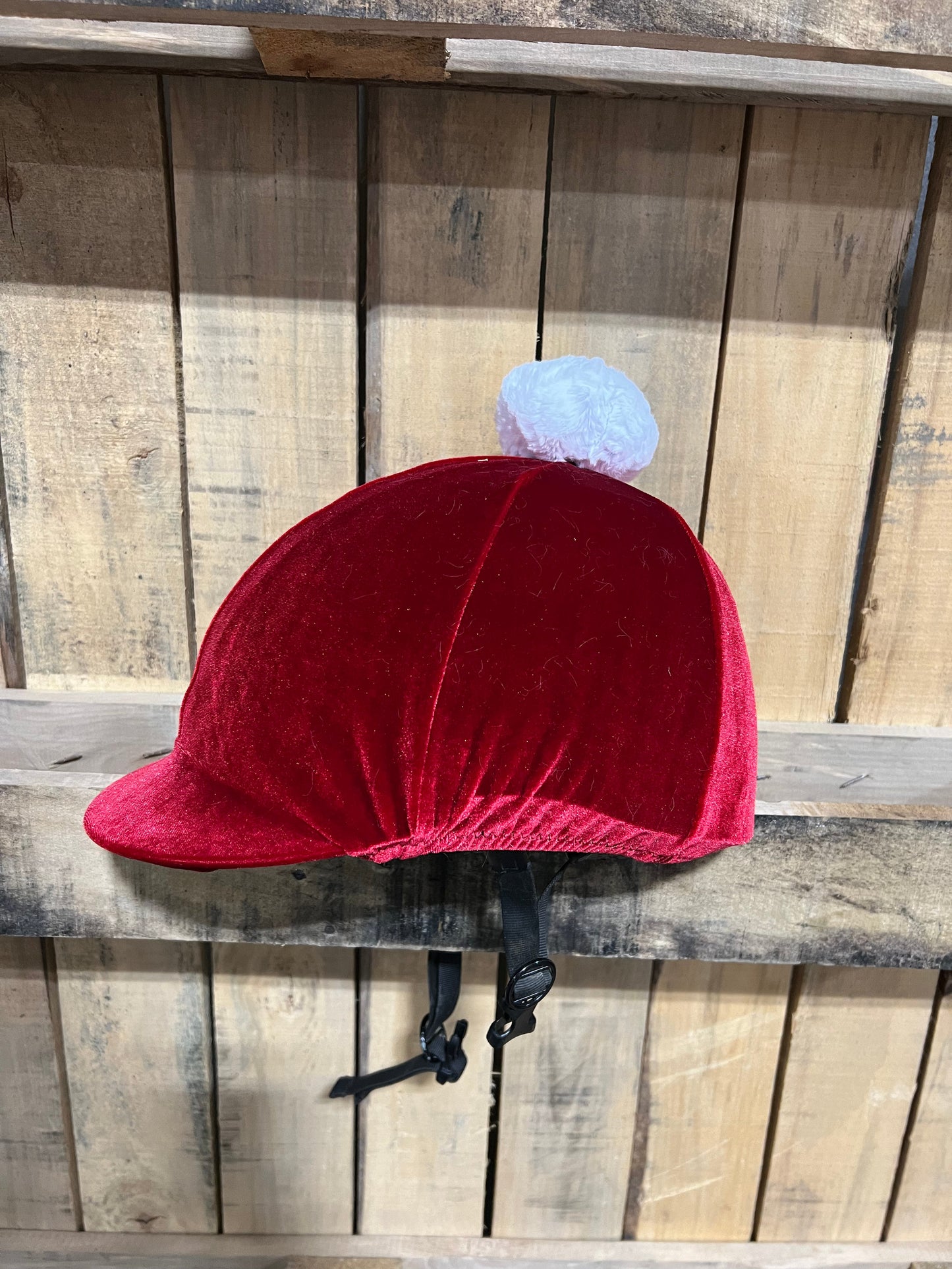 Red Velvet Santa Helmet Cover with Pompom Fly Bonnet Riverside Rodeo Shirts 