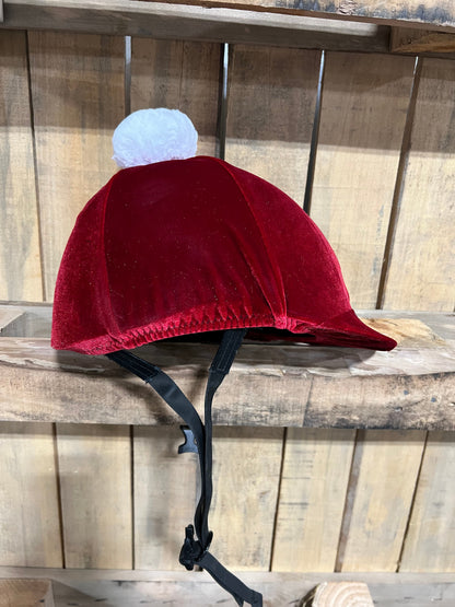 Red Velvet Santa Helmet Cover with Pompom Fly Bonnet Riverside Rodeo Shirts 