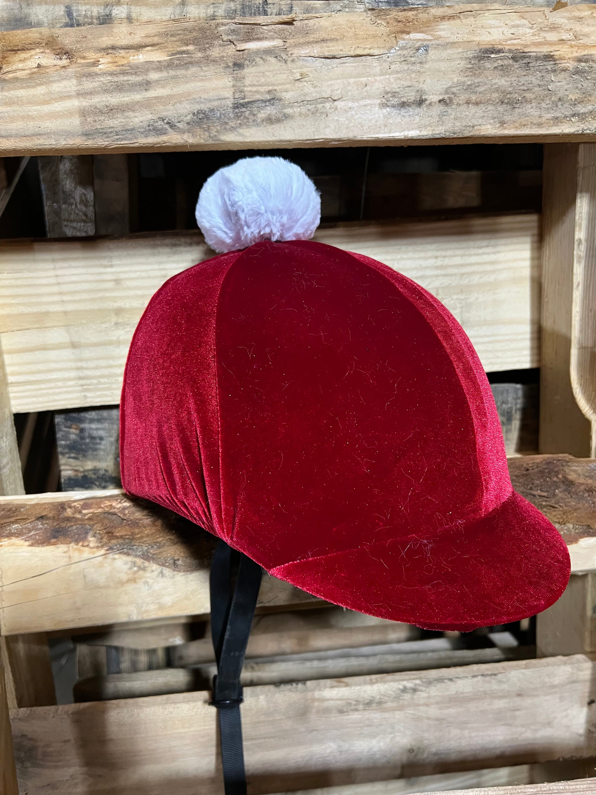 Red Velvet Santa Helmet Cover with Pompom Fly Bonnet Riverside Rodeo Shirts 