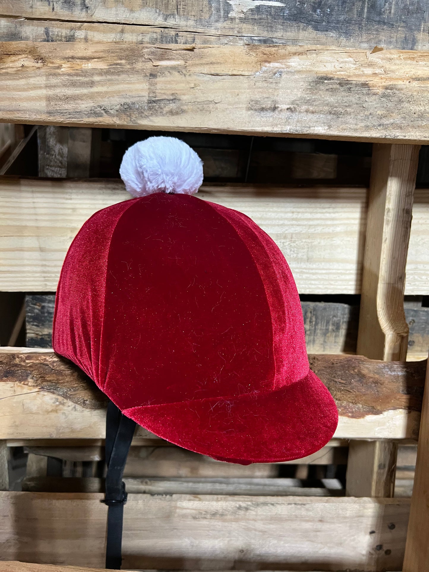 Red Velvet Santa Helmet Cover with Pompom Fly Bonnet Riverside Rodeo Shirts 