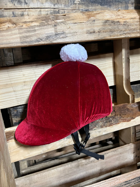 Red Velvet Santa Helmet Cover with Pompom Fly Bonnet Riverside Rodeo Shirts 