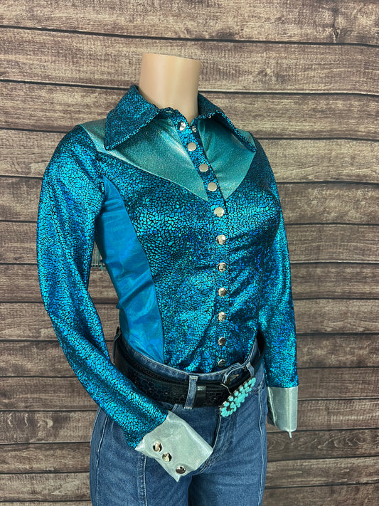 All The Blues Snap Front Rodeo Shirt with Yoke Fringe